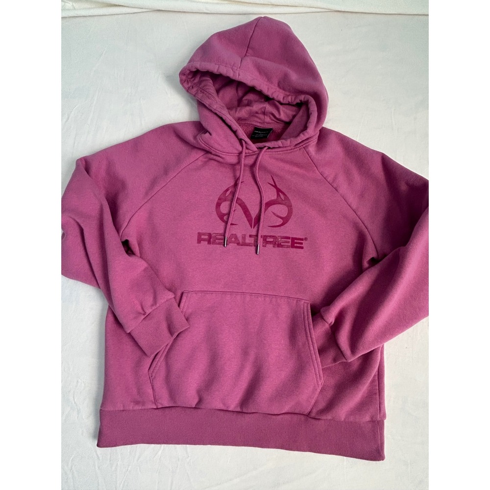 Realtree Pink Graphic Hoodie Womens Large Antler Logo Fleece Sweatshirt Mauve